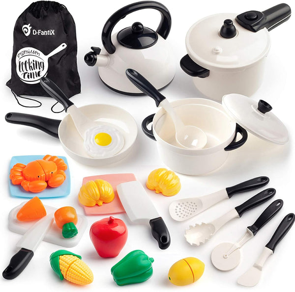 Kids Pretend Play Kitchen Accessories Set, Toddlers Pots and Pans Cookware Playset, Kids Cooking Toys with Utensils, Knife, Cutting Food Kitchen Playset for Girls and Boys Age 2 3 4 5 6 7