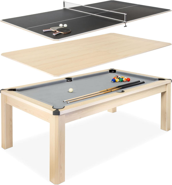 7 Ft 3 in 1 Pool, Dining, & Table Tennis Combo Table and Storage Benches - Convertible Top Game Table with Billiards and Table Tennis Accessories
