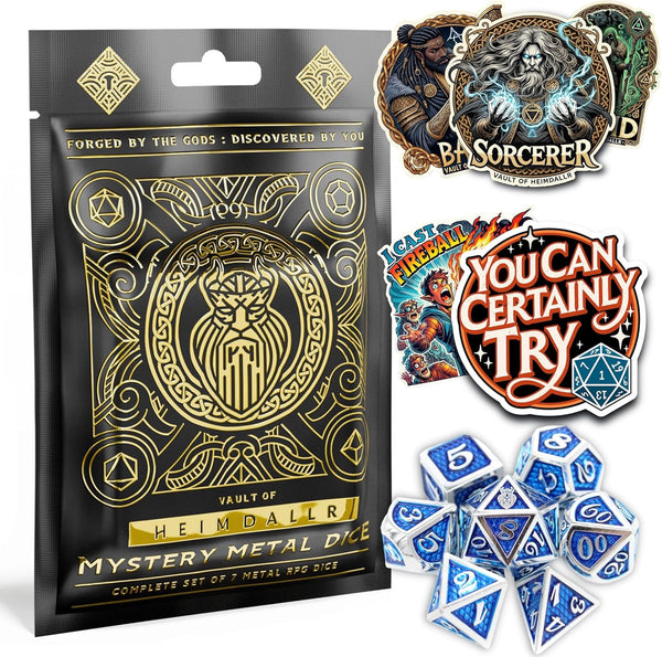 Mystery Metal DND Dice Set – 7Pc Blind Bag with Random Class & Funny DND Stickers – Metal Role Playing Dice for Dungeons and Dragons – Gift for D&D Players, Great for New Characters