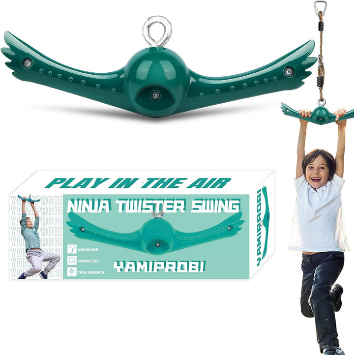 Ninja-Twister Swing Spins Set: Slackline Attachments - 360° Handle Twist-Spin Flips Toy Activate Ninja Powers Warrior Accessories Kids Hang Toys for Playground Backyard Blue