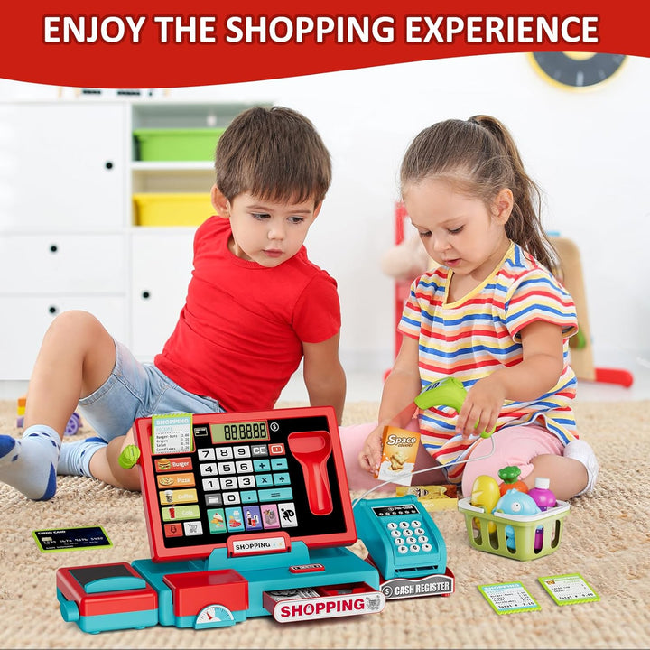 Kids Cash Register Toy Playset with Real Calculator, Toddler Pretend Play Store Incl Scanner/Credit Card/Play Money/Conveyor/Food Toys, Learning Toys Gifts for Boys Ages 4-8 8-12, Red