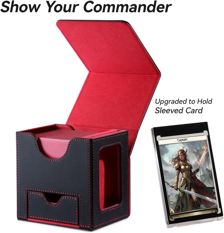 Card Deck Box for MTG Commander - Patented Design, Commander Display, Fits 100 Double-Sleeved Cards, 35Pt Card Brick & Dice Tray - Black/Red