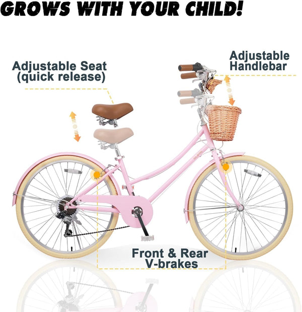20/22/24/26 Inch Girls Bike with Basket, Bike for above 7 Years Old, 1/7 Speed Girls City Bike,22/26 Inch Beach Cruiser Bike for Women
