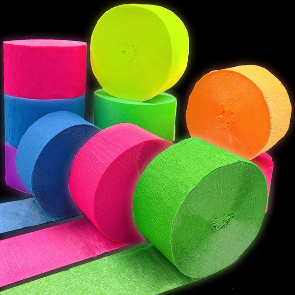 600 Feet Glow Crepe Paper Streamers UV Glow Party Neon Streamer Decorations Glow in the Dark Black Light Reactive Fluorescent Neon Paper Party Streamers Wedding Birthday Blacklight Party Supplies