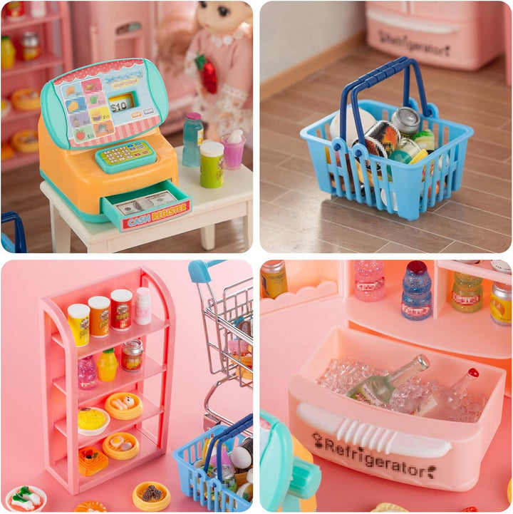 164Pcs Mini Shopping Cart Basket Miniature Food Drink Toy Supermarket Metal Handcart Trolley Dollhouse Store Grocery Accessories Kitchen Play Game Party Model Shelves Cash Register Refrigerator Fridge