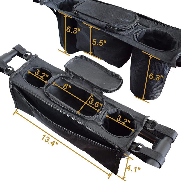 Non-Slip Organizer for Wagon, Parent Console Caddy with Cup Holders Universal for Folding Kids Pet Stroller Adjustable Straps Zippered Pockets Storage Phone Bag Attachment Accessories Black