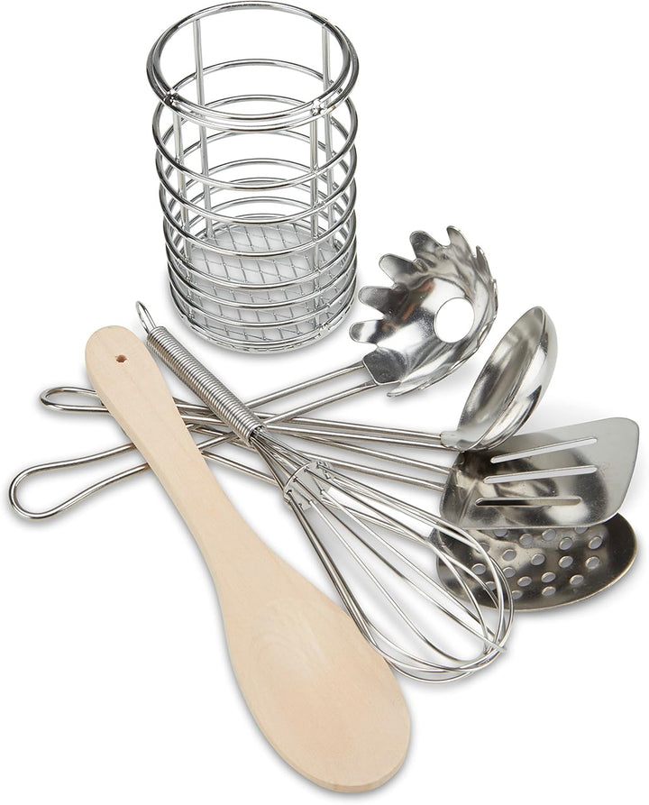 Stir and Serve Cooking Utensils (7 Pcs) - Stainless Steel and Wood