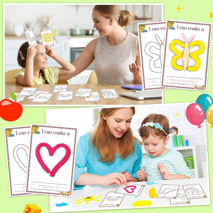 72 Pcs Alphabet & Shape Play Dough Mat for Toddler Rainbow Star Flower Play Mats Card for Clay or Dough Preschool Learning Accessories for Toddler Kid 2-6 Years Back to School Classroom