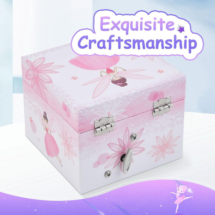 Girls Musical Jewelry Box with Drawer and Spinning Ballerina,Fairy Disign Kids Music Box for Little Girls Gifts Jewel Storage for Kids Ages 3-10