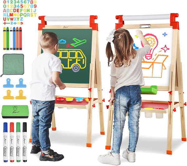 Kids Wooden Easel with Paper Roll - Adjustable Magnetic Double Sided Drawing Board Whiteboard & Chalkboard Dry Easel Board, Children Art Easel for 3~12 Years Kids Boys Girls Painting Drawing