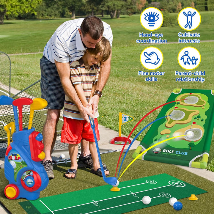 Toddler Golf Set for 2 3 4 5 Years Old Boys Girls, Upgraded Kids Golf Cart with Golf Cornhole Board & Putting Mat, Indoor and Outdoor Golf Toys Birthday Gift