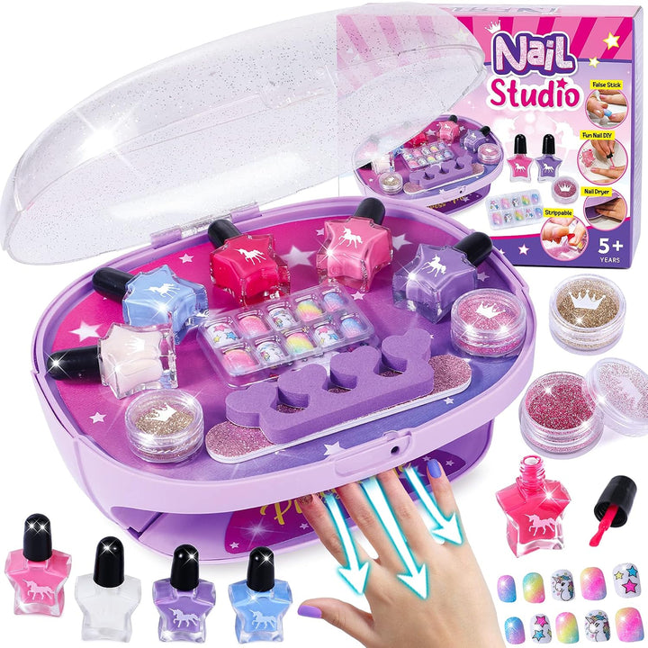 Kids Nail Polish Set for Girls, All-In-One Nail Art Kit - Dryer/ Glitter Powder/ False Nails/ Nail Decals/ Toe Separator/File, Age 3-12 Little Girl Gift Toys