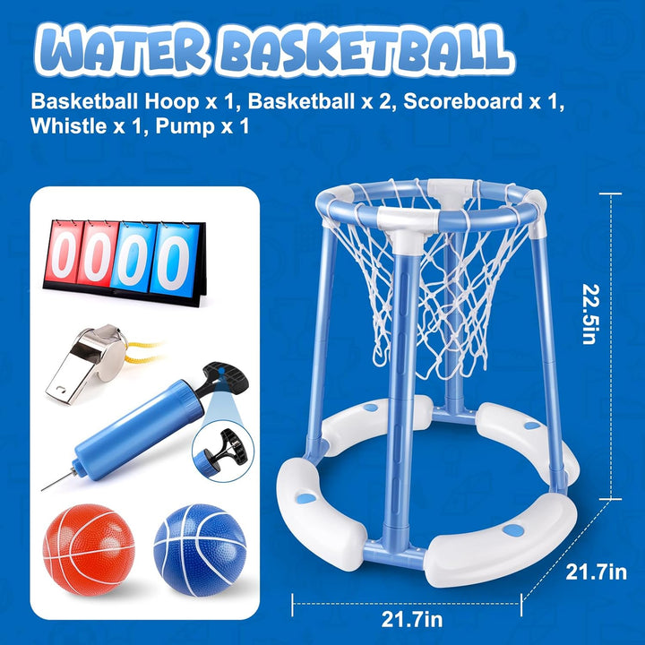 Pool Basketball Hoop Set, Floating Pool Basketball Game with Scoreboard & Whistle, Swimming Pool Toy Basket Ball Goal Poolside, Summer Indoor Outdoor Water Play Toy for Kids & Adults
