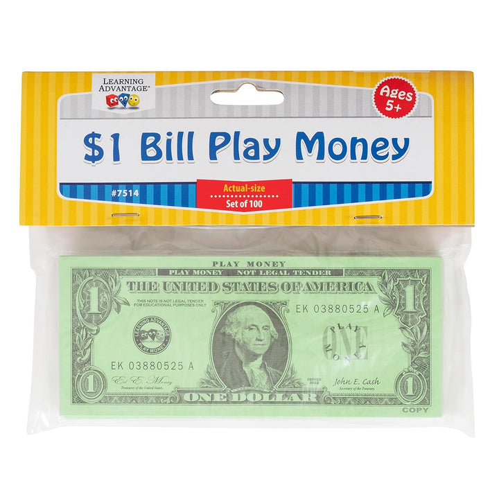One Dollar Play Bills - Set of 100 $1 Paper Bills - Designed and Sized like Real US Currency - Teach Currency, Counting and Math with Play Money