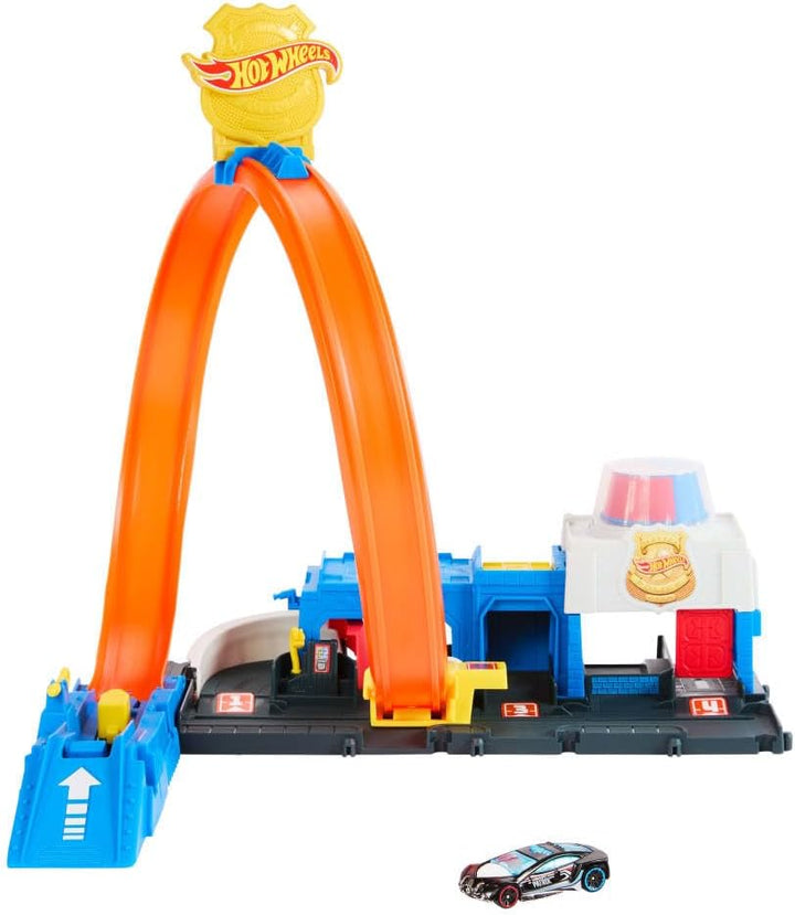 Toy Car Track Set, Super Police Station Playset with 1:64 Scale Die-Cast Vehicle, Adjustable Loop for Multiple Ways to Race & Stunt