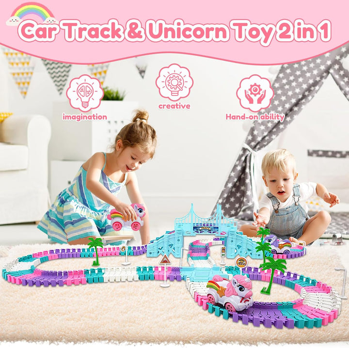 242PCS Uicorn Race Tracks for Kids Ages 4-8,Flexible Car Track Set Princess Toys Birthday Gifts for 3 4 5 6 Year Old Girls and Toddlers