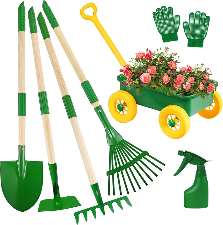 Kids Gardening Tools Set - 7Pcs Wheelbarrow Set for Kids with Shovel, Rake, Leaf Rake, Summer Outdoor Yard Digging Weed Toys, Halloween Birthday Gifts for Boys Girls Age 2 3+ Years Old(Green)