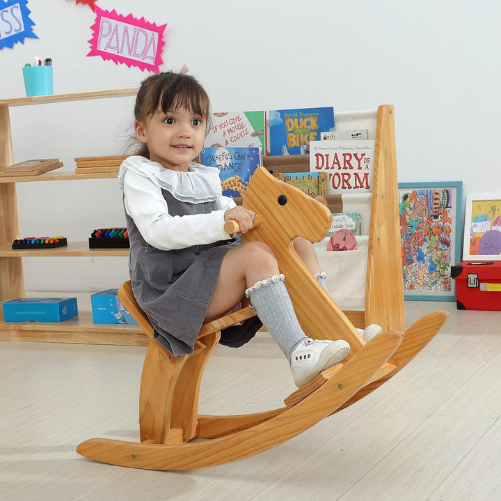 Rocking Horse Wooden Ride on Toy for Kids Classic Design Rocking Horse with Pedal and Safe Backrest Fine Workmanship(Classic, Natural)