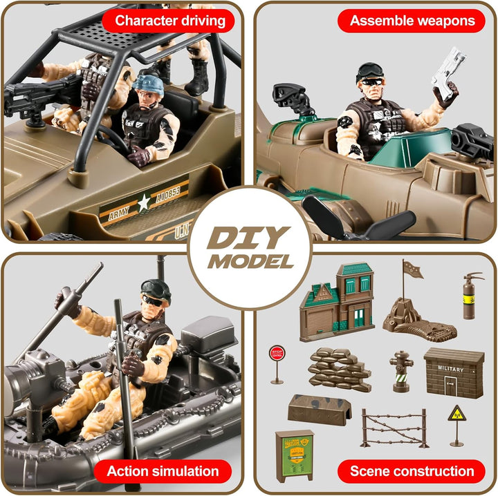 78-In-1 Army Men Sets Toys with Realistic Military Truck/Helicopter/Kayak Boat/Motorcycle/Army Men Action Figures/Weapon Gears, Army Toys Gift for Boys Kids 4-7 6-8 8-14 Fun Birthday Party Favors