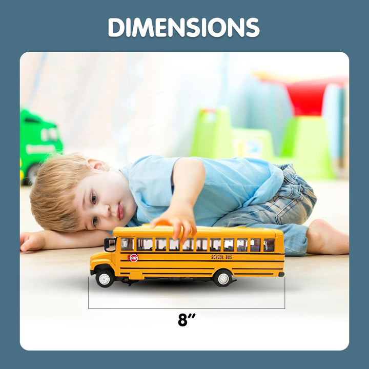 Diecast Yellow School Bus Model Toy, 8" Pullback Die Cast Model Vehicle for Kids with Rubber Tires, Opening Doors, Lights and Sounds