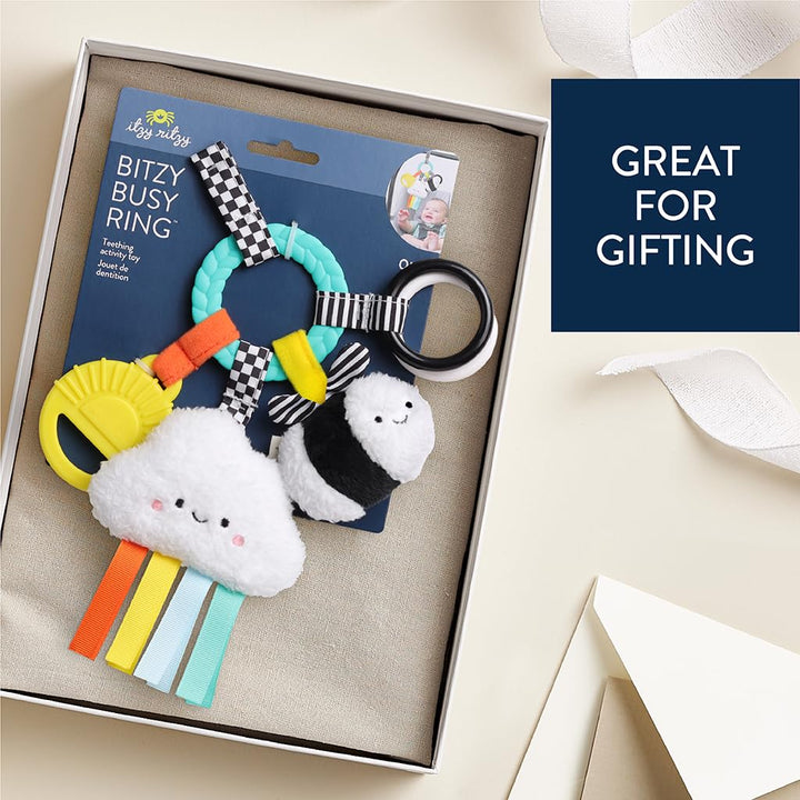 Teething Activity Toy - Bitzy Busy Ring Infant Teething Toy Features Braided Ring & Dangling Toys, Includes Teether, Ribbons, Crinkle Sound & Jingle Bell - 0 Months & up (High Contrast)
