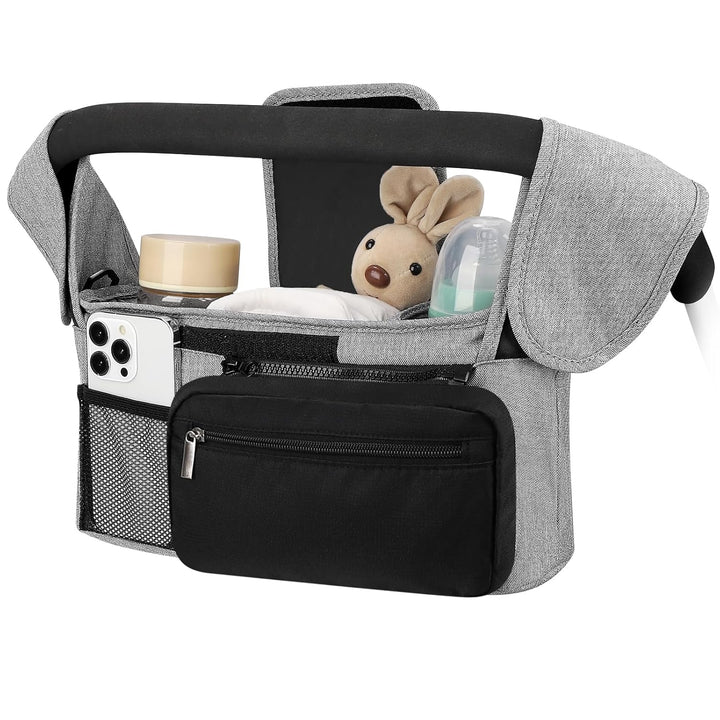 Universal Stroller Organizer with Insulated Cup Holder Detachable Phone Bag and Shoulder Strap,Stroller Bag Caddy Organizer Fits for Uppababy, Baby Jogger, Britax Strollers