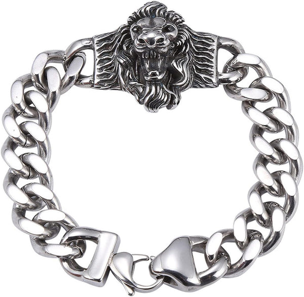 European and American Style Cool Lion Head Cuban Chain Men 316 Stainless Steel Bracelet Jewelry Gift