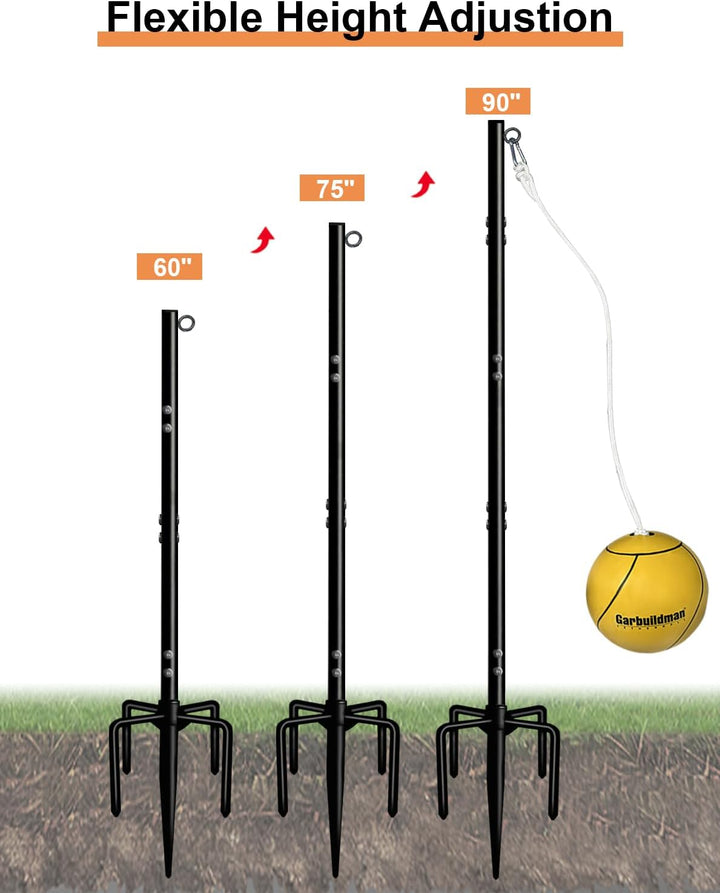 Tetherball Set with Ball & Rope for Outdoor Backyard, Adjustable Tether Ball Pole with Screw Reinforcement 5-Prong Base for Playground, outside Ball Games Sports for Kids & Adults