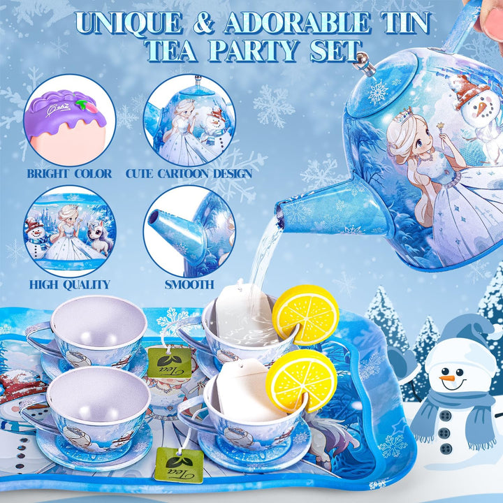 Frozen Tea Party Set for Little Girls, Princess Gift Toy, Kids Pretend Play Tin Tea Set with Teapot, Tea Cups, Food Playset & Carrying Case, Birthday for Girls Age 3+