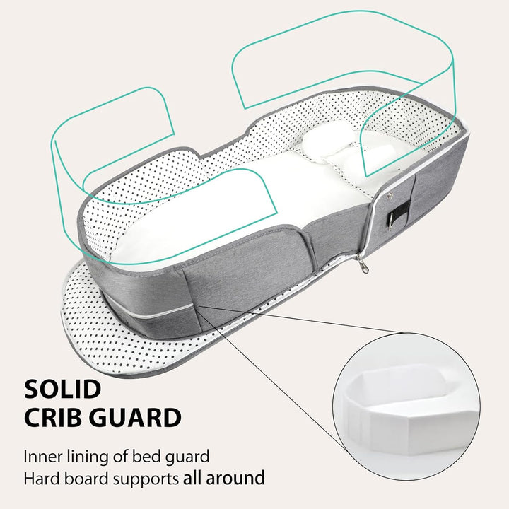 Portable Bassinet for Baby Travel Lounger Foldable Baby Co-Sleeping Bed with Mosquito Net + Cool Mat Carry Bag & Storage Pocket (Gray)