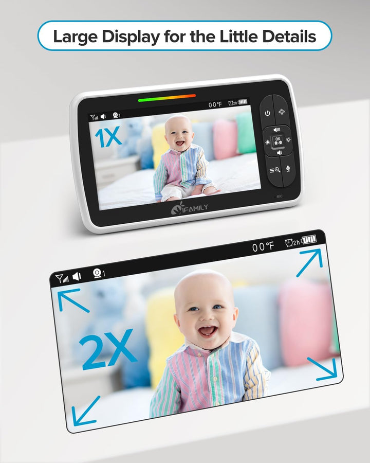 Baby Monitor - Large 5" Screen with 30Hrs Battery Life - Remote Pan-Tilt-Zoom;No Wifi, Two-Way Audio, Night Vision, Temperature, Lullabies, 960Ft Long Range Baby Monitor with Camera and Audio