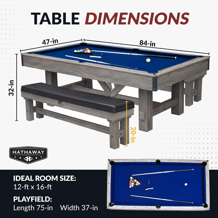 Logan 7-Ft Pool Table Combo Set with Benches - Rustic Gray with Blue Felt, Barnwood
