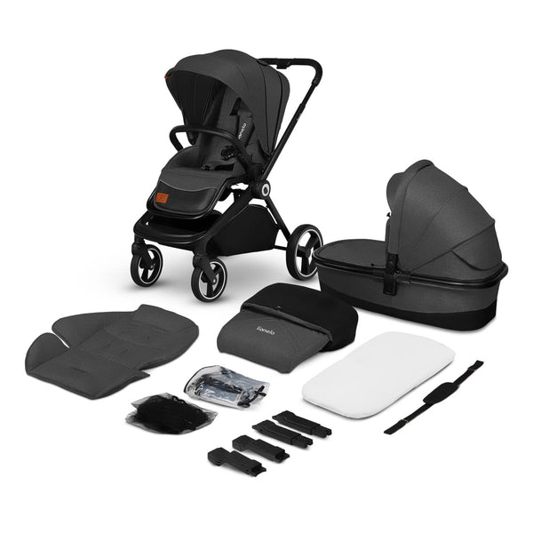 Mika 2-In-1 Combination Pushchair Baby Carrycot Pram Buggy Rain Cover Shoulder Strap for Transport, Mattress, Mosquito Net, Foot Cover, Waterproof Material, Rubber Wheels (Grey Graphite)