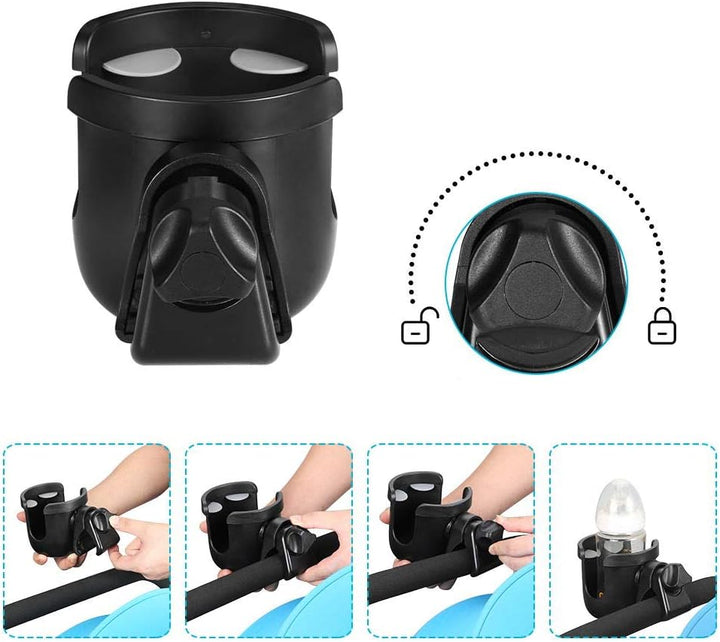 Stroller Cup Holder, Universal Cup Holder, Bike Cup Holder, 360° Rotatable Large Caliber Drinks Holder for Stroller, Bike, Wheelchair, Walker, Black