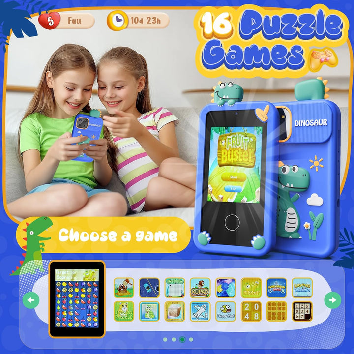 Kids Smart Phone Toys for Boys,Dinosaurs Gift Toys for Boys Ages 3-9 Christmas Birthday Gifts Mini Smart Phone Toys with 2.8" Touchscreen 16 Learning Games Dual Camera Music Player, 8G SD Card