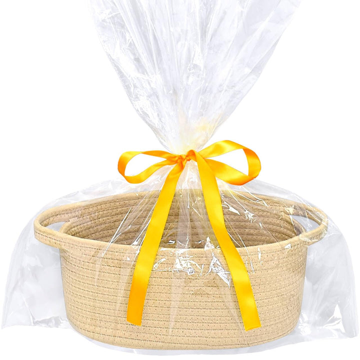 Small Basket with Gift Bags and Ribbons, Empty Gift Baskets, Decorative Boho Rope Woven Nursery Storage Organizer Toy Baskets with Handle for Baby Showers, 12"X 8" X 5"
