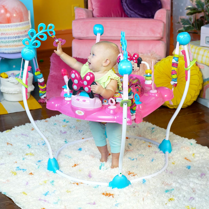 Disney Baby MINNIE MOUSE Peekaboo Baby Activity Center Jumper with 8 Toys, Lights & Sounds, 360-Degree Seat, 6-12 Months (Pink/Blue)