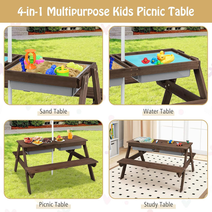 Kids Picnic Table, 4 in 1 Sand and Water Tables W/Detachable Tabletop, 2 Removable Play Boxes, Foldable & Height Adjustable Umbrella, Wood Sensory Table and Bench for Outdoors, Indoors (Brown)
