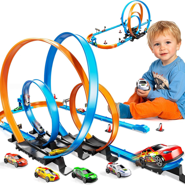 Toy Car Track Set for Boys Kids Age 3-5 4-7 8-12, Long Race Tracks with 4 Action Loops and 4 High-Speed Slot Cars, 35+ Pieces of Race Track to Create Multiple Configurations