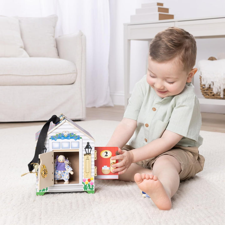 Take-Along Wooden Doorbell Dollhouse - Doorbell Sounds, Keys, 4 Poseable Wooden Dolls Portable Doll House, Doorbell House for Kids Ages 3+
