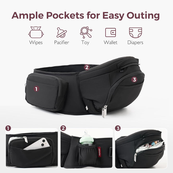 Baby Carrier with Hip Seat, 2-In-1 Forward-Facing Carry for Active Babies, Detachable Hands-Free Infant Carrier up to 44Lbs, All Seasons Toddler Carrier Fits Waist Sizes up to 45 Inches, Black