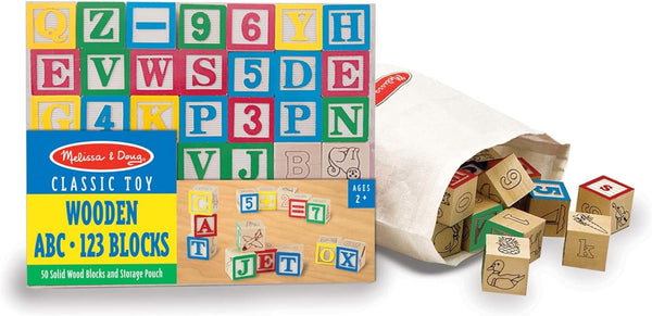 Deluxe Wooden ABC/123 1-Inch Blocks Set with Storage Pouch (50 Pcs)