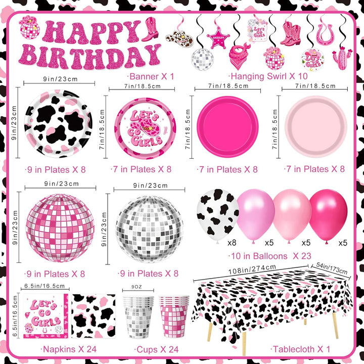 131 PCS Cowgirl Birthday Party Decorations Disco Cowgirl Party Decorations - Includes Plates, Napkins, Cups, Banner, Hanging Swirl, Tablecloth, Balloon for Western Cowgirl Party Decorations, Serve 24