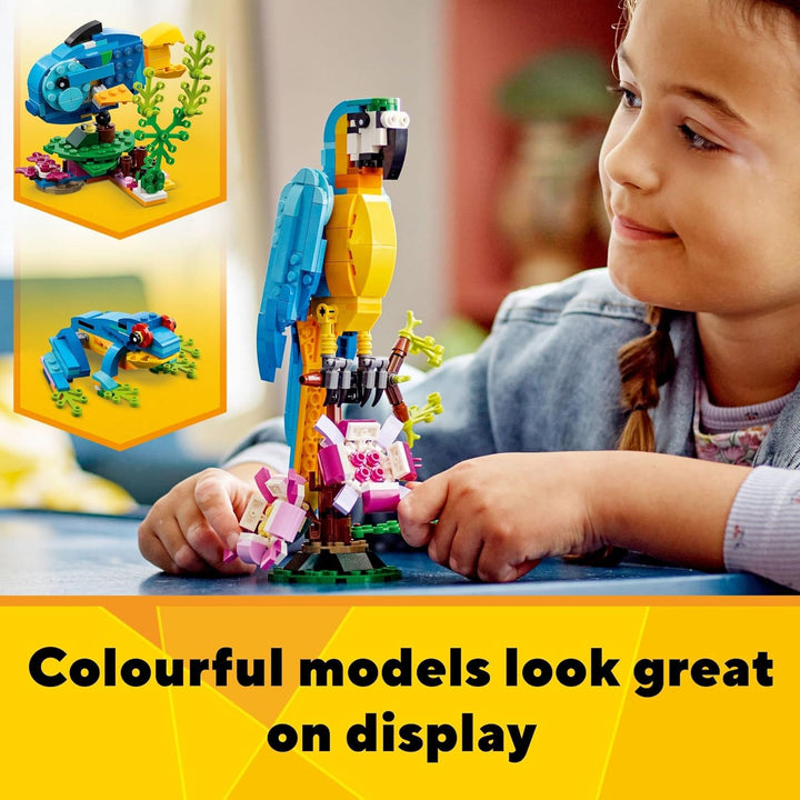 Creator 3 in 1 Exotic Parrot Building Toy Set, Transforms to 3 Different Animal Figures - from Colorful Parrot, to Swimming Fish, to Cute Frog, Creative Toys for Kids Ages 7 and Up, 31136