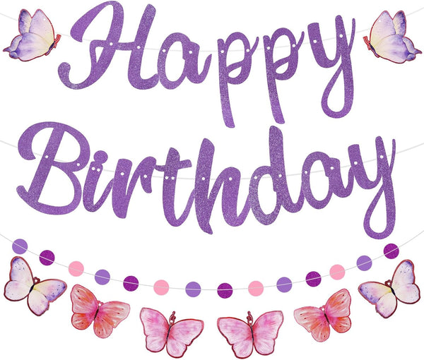 Purple Birthday Decorations, Pre-Strung Happy Birthday Banner with Butterflies and Circle Dot Garland, NO DIY Butterfly Party Decorations for Women Girls Men Boys