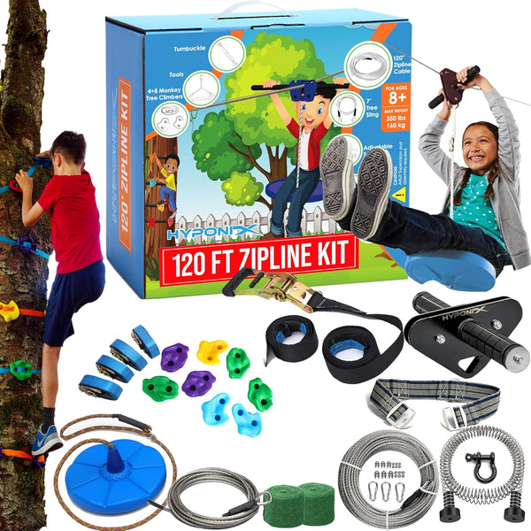 Zip Line Kit for Kids and Adults, 100/120/150/200Ft, up to 350 Lbs, Removable Trolley, Rustproof Stainless Steel, Quick Setup with Ratchet, Safety Harness, Backyard Adventure Fun W/Climbing Holds