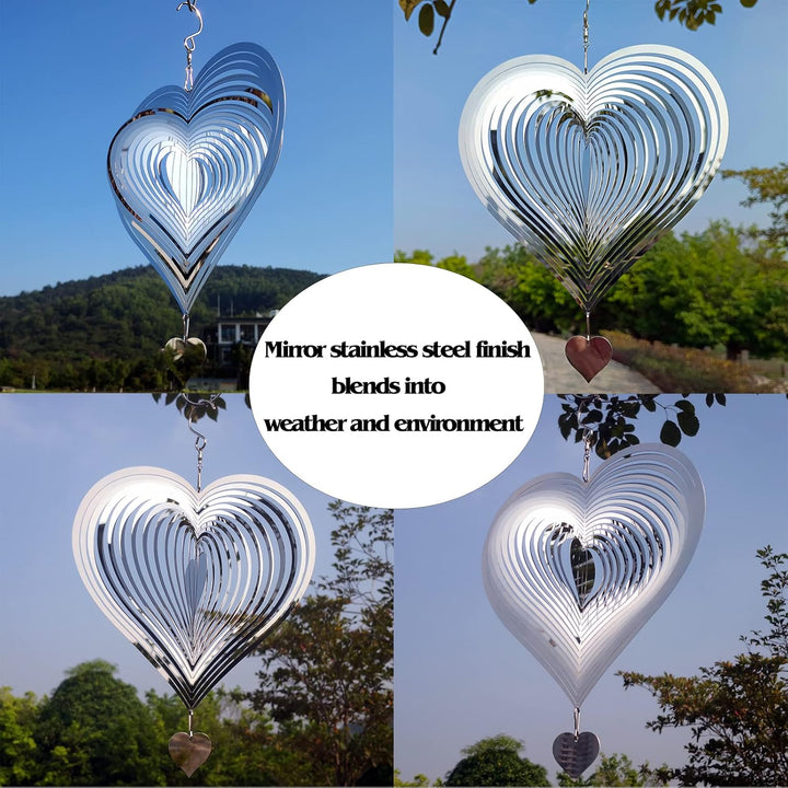 Stainless Steel Reflective Wind Spinners Outdoor Garden Decor,Sparkly Wind Spinner Bird Devices Deterrent to Scare Birds Away from Yard Patio Farm,Metal Heart Wind Spinners Gifts for Mom, Women