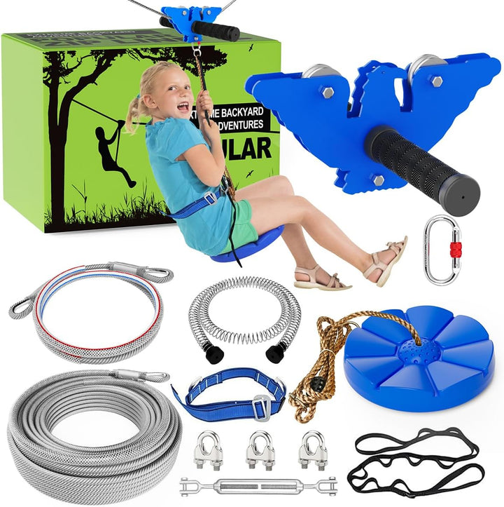 Zip Line Kits for Backyard 98FT, Zip Lines for Kid and Adult, Included Swing Seat, Ziplines Brake, and Steel Trolley, Outdoor Playground Equipment