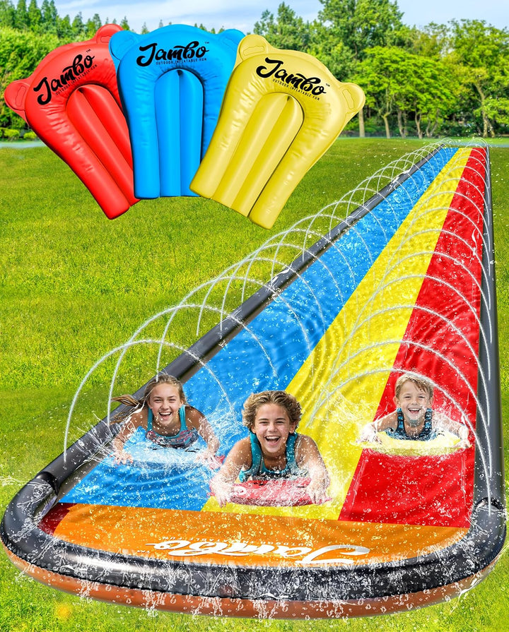 Premium Triple Water Slide with 3 Bodyboards, 20Ft Heavy Duty Slip Splash and Slides-Advanced 3-Way Sprinkler System, Splash Pad Mat Backyard Summer Outdoor Water Toys N Long Slides for Kids