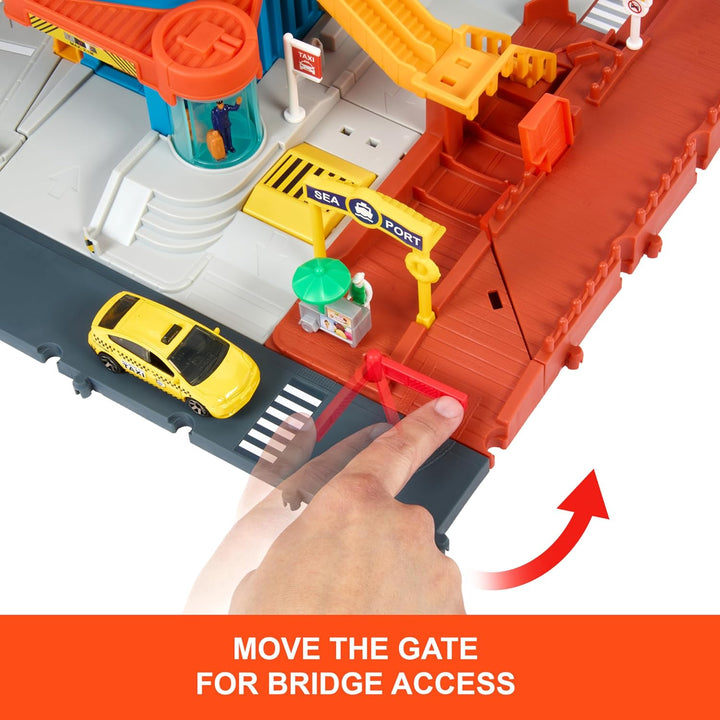 Toy Vehicles & Playset, Transportation Center with 5 Levels, Kid- & Car-Activated Features, 1:64 Scale Taxi, Boat & Helicopter & Food Vendor